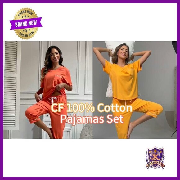 Women's 100% Cotton Pajama Set Short Sleeve Shirt Capri Pants Pockets - Picture 8 of 8